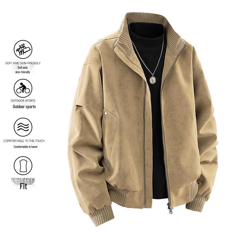 Men's Stand Collar Leather Jacket - American Style, Casual Loose Fit, Spring & Autumn Workwear Coat.