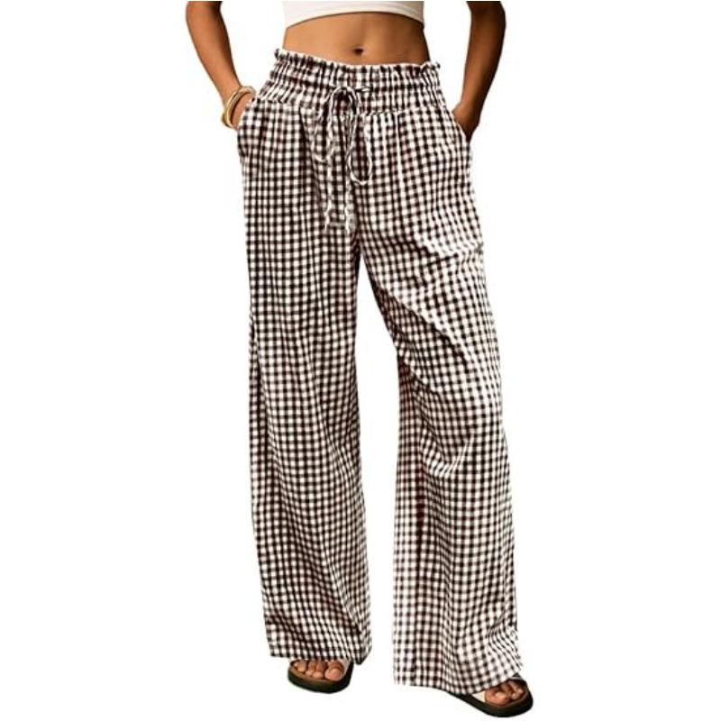 

European Plaid Women s Wide-Leg Elastic High-Waist Pajama Pants with Drawstring Small кавовий