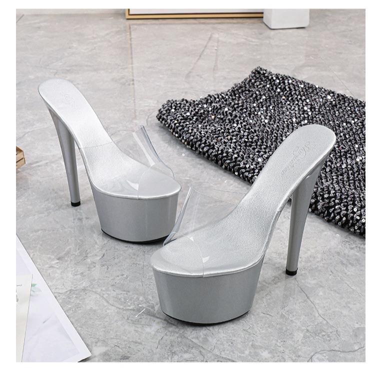 Women's 17CM Super High Heels - Thin Heels, Waterproof Platform, Transparent Crystal Design for Weddings and Special Occasions