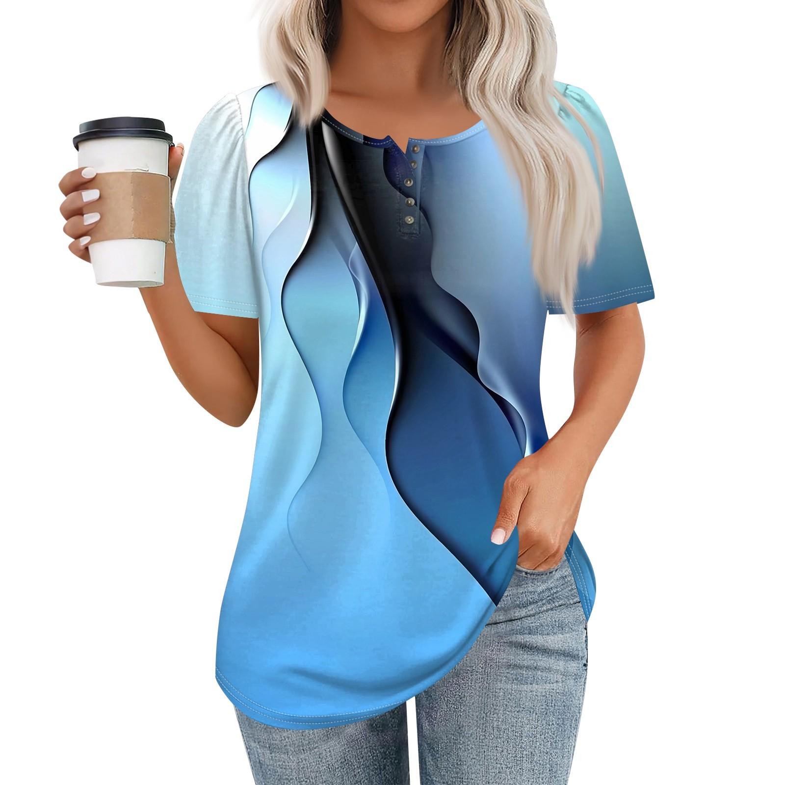 

Женский модный повседневный короткий рукав пуловер с принтом на пуговицах и круглым вырезом L синий