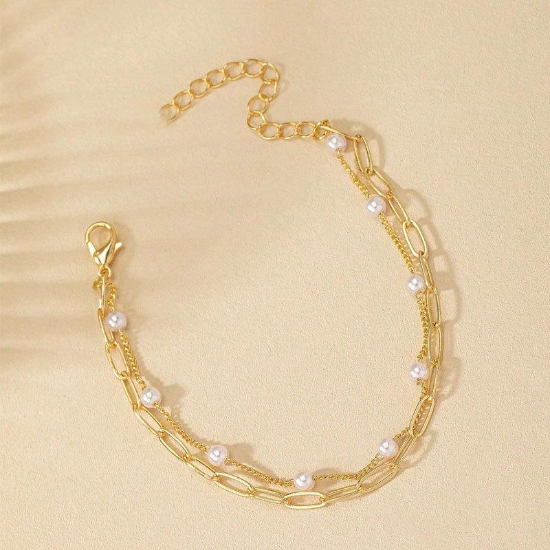 Hot-selling 4mm imitation pearl chain metal square bracelet 2-piece set women's double-layer simple hand jewelry