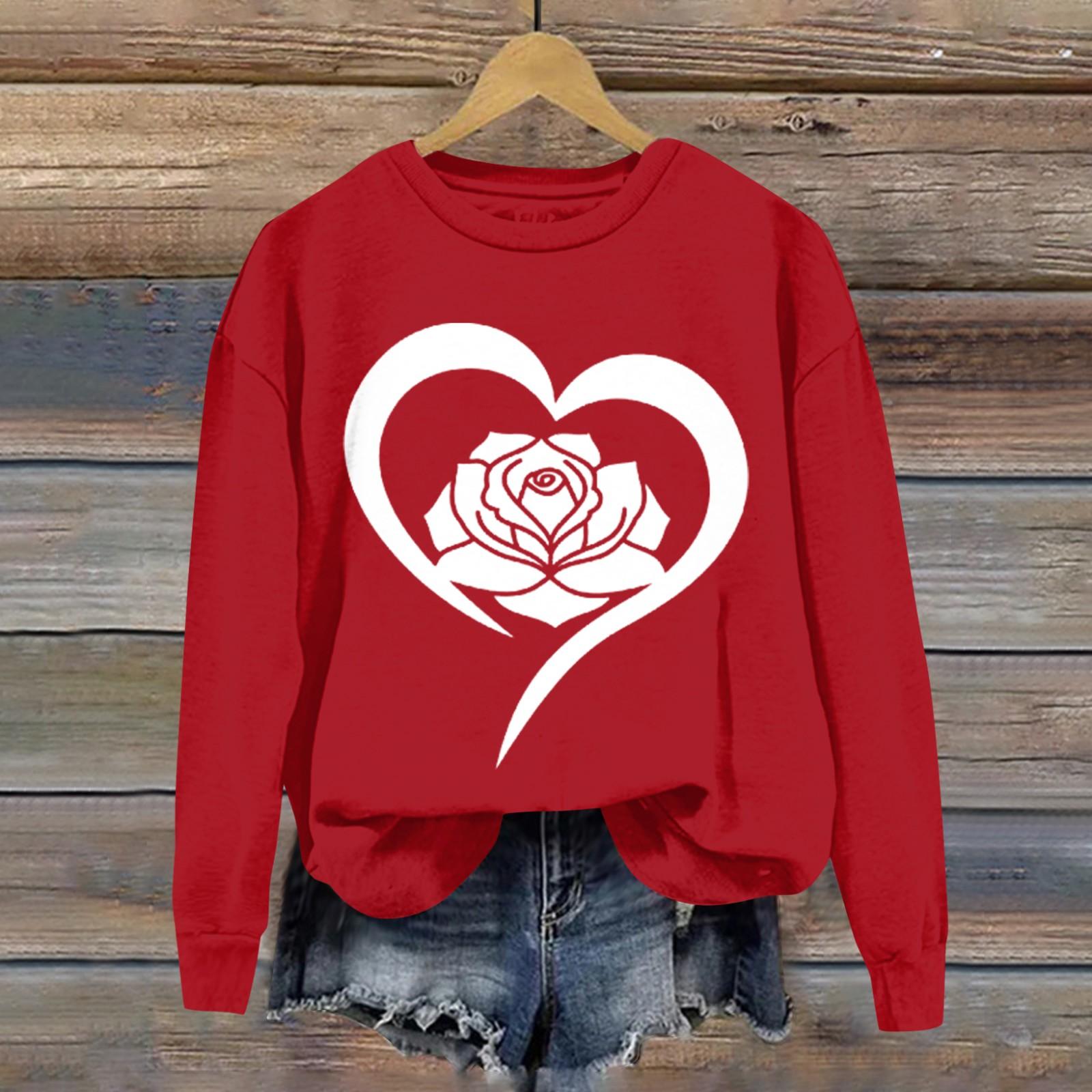 

Женская повседневная мода ко Дню святого Валентина с принтом, длинным рукавом, круглым вырезом, толстовки, пуловеры, топы XL винный