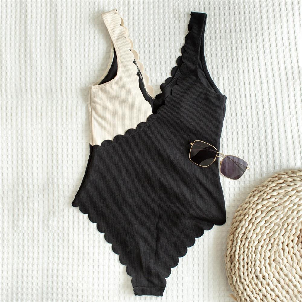Black White Patchwork Ribbed Swimwear Sexy One Piece Swimsuit Woman V Neck Petal Edge Bathing Suit Swimming Wear Summer
