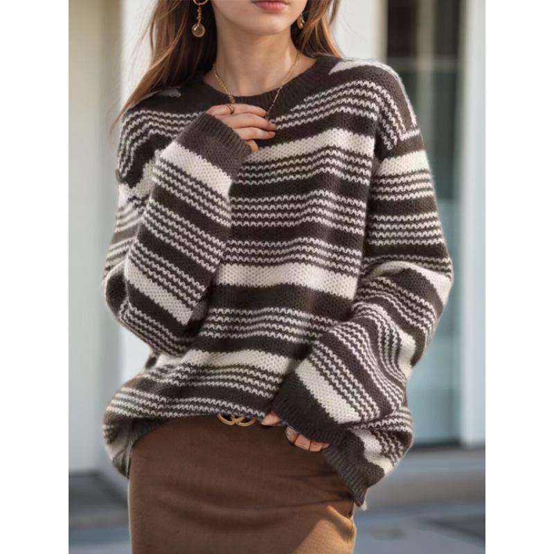Tooxika Women's Clothing 2024 Autumn And Winter New Contrast Color Striped Pullover Sweater Top Round Neck Contrast Color Sweater For Women