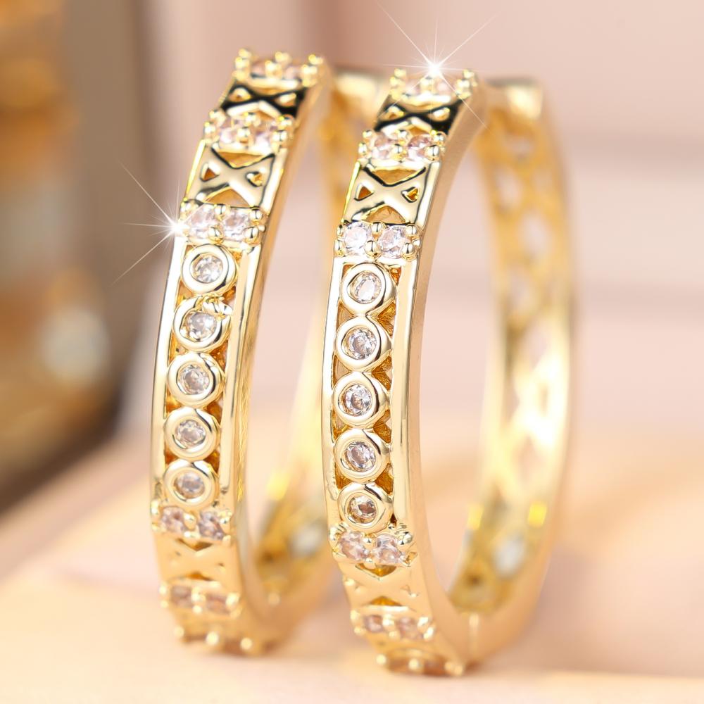 Luxury Gold Color Hollow Geometric Paved Zircon Hoop Earrings for Women Daily Wear and Party