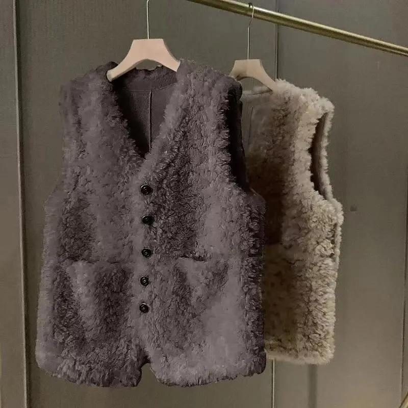 Lamb Fur Vest Coat Women Sleeveless Tops All-match Waistcoat Autumn Winter V-Neck Button Warm Lamb Hair Sleeveless Jacket