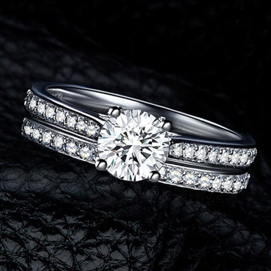 Women Engagement Wedding 2Pcs Ring Set Cubic Zirconia White Silver Plated Rings