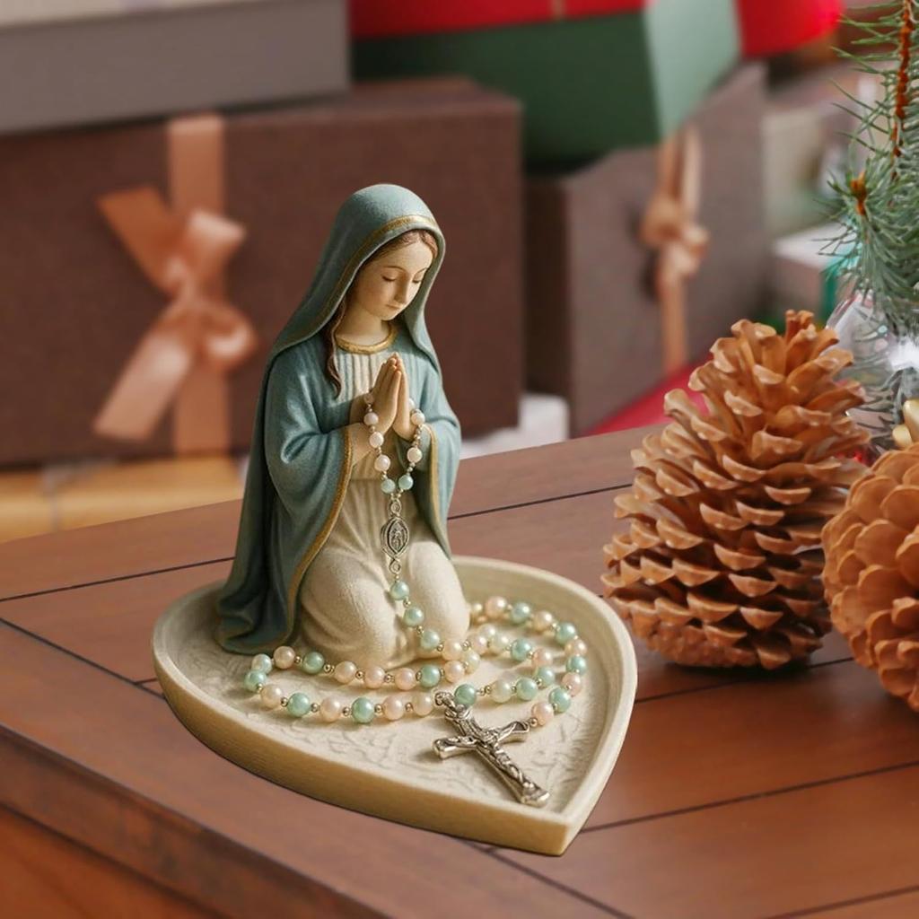 Virgin Mary Rosary Holder, Mary Praying Rosary Holder | Display Stand For Prayer Beads | Vintage Catholic Holders For Desktop Bookshelf