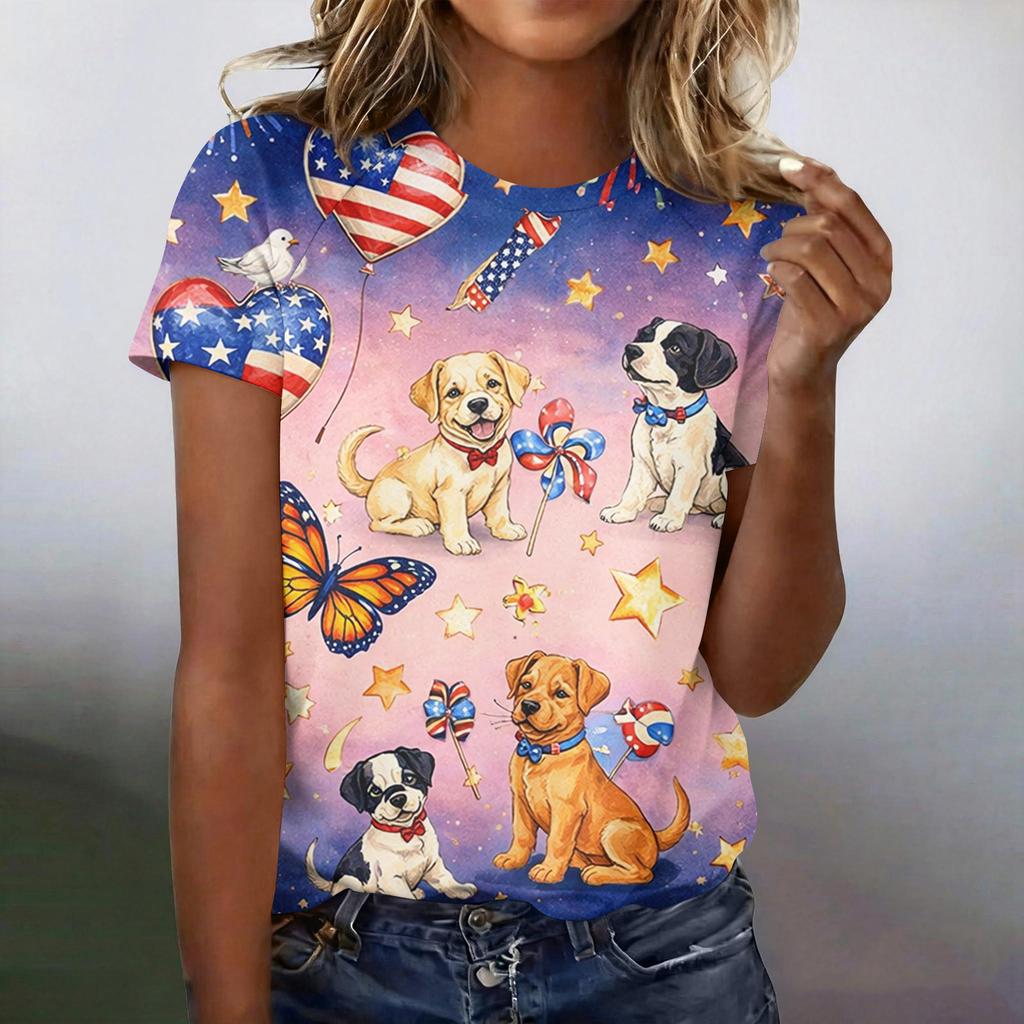 Women's Casual Fashion Short-Sleeve Raglan Sleeve Printed T-Shirt Top