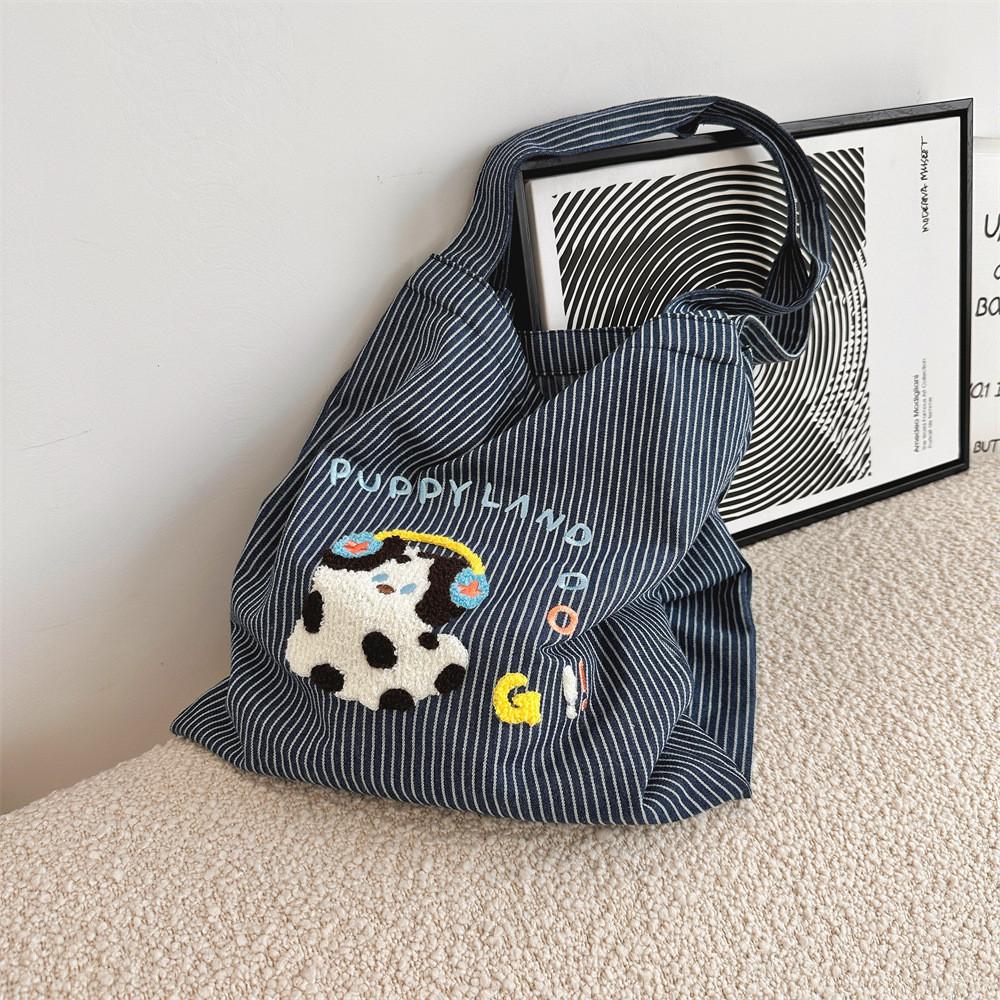 Adorable Cartoon Dog Tote Bag Fashionable Striped Double Pocket Large Capacity Commuter Bag