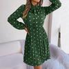 Autumn Winter Women's High Waist Pleated Dress Long Sleeve Lace Up Dot Temperament