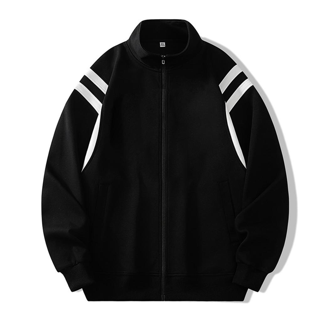 Men's New Casual Cardigan Hoodie Solid Color Striped Loose Jacket Stand Collar Zipper Top