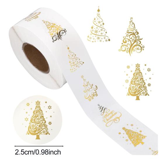 Yousheng 500 Pcs Christmas Stickers Roll Gold Foil Christmas Tree Label Stickers Winter Holiday Round Adhesive Decals for Envelopes Invitations Cards