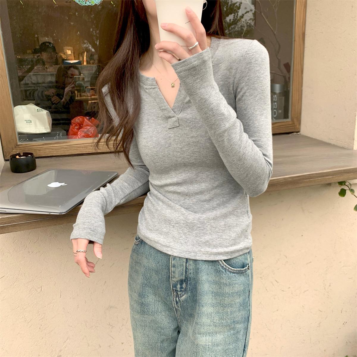 

Collar high-end slim-fitting and thin bottoming shirt women s spring and autumn new simple style front shoulder long-sleeved shirt top S серый