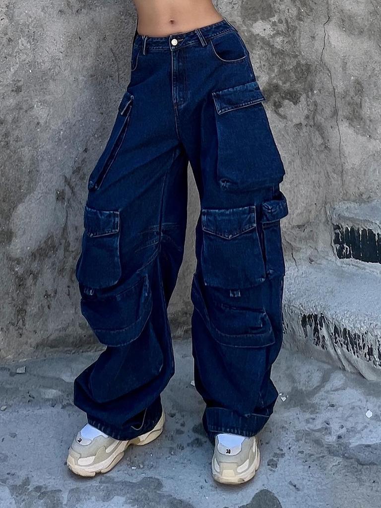 Autumn 2025 Women's High-Waisted Wide-Leg Jeans with Large Pockets and Casual Style