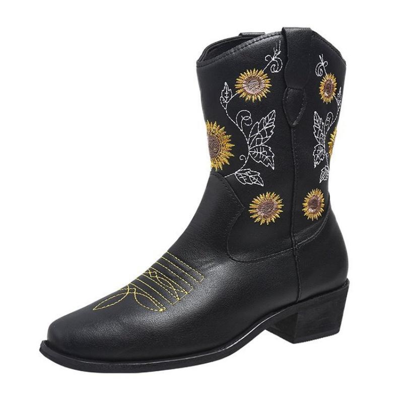 Modne zimowe buty damskie Modne buty outdoorowe Wygodne buty do chodzenia Haftowane brązowe skórzane buty Głębokie wysokie cholewki Damskie buty casualowe Botas