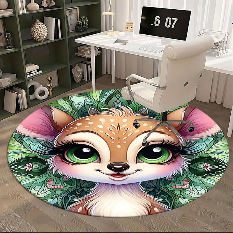 1pc Anime Inspired Forest Creature with Floral Mandala Round Carpet Office Chair Mat, Non Slip Rug for Home Decor, All Seasons