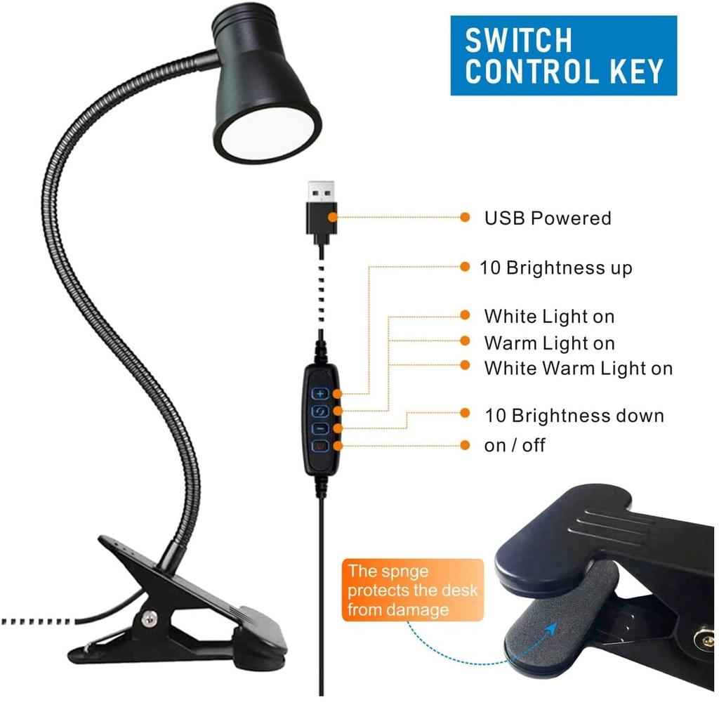 LED Desk Lamp Clip Reading Light Adjustable Brightness Book Light Room Book Lamp Study Read Lamp Flexsible Reading Night Light
