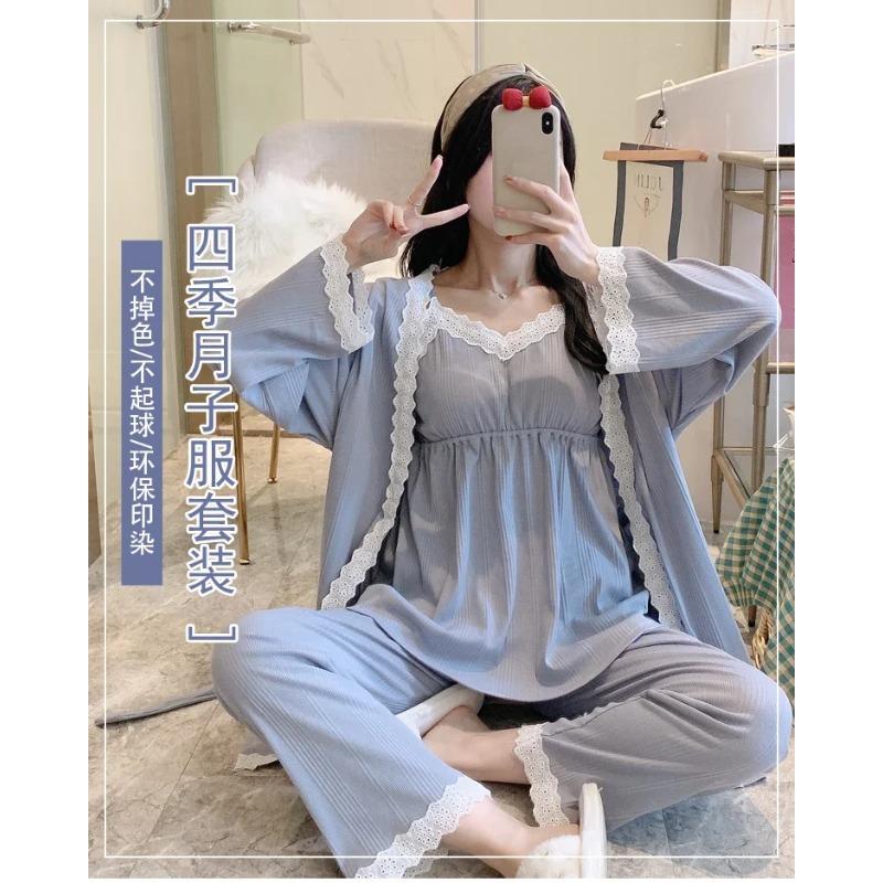 

Пижама для беременных и кормящих мам из кружева и хлопка, элегантный свободный пижамный комплект, повседневная одежда для сна для беременных, комплект из 3 предметов L