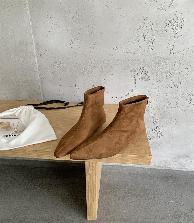 

Versatile small short boots women s 2025 new spring, autumn and winter French medium heel thick heel pointed elastic suede thin boots 39 светло-коричневого
