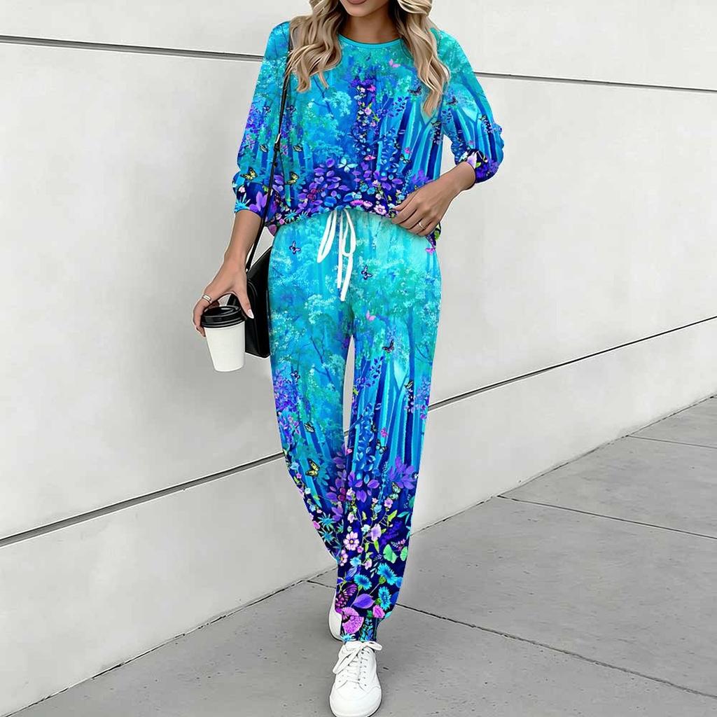 Women Floral Print Two Piece Outfit, Long Sleeve Crew Neck Top & Drawstring Jogger Pants Casual Tracksuit for Spring Autumn