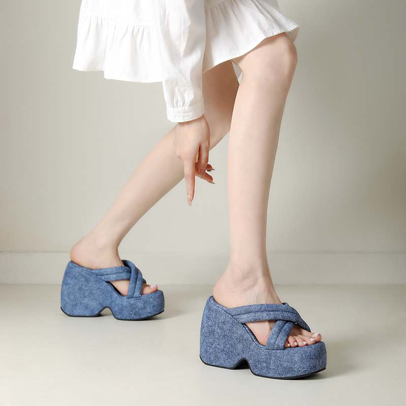 Krazing Pot Mules Polyurethane Summer Size 43 Women Platform Super High Heels Women Peep Toe Slip On Waterproof Sandals