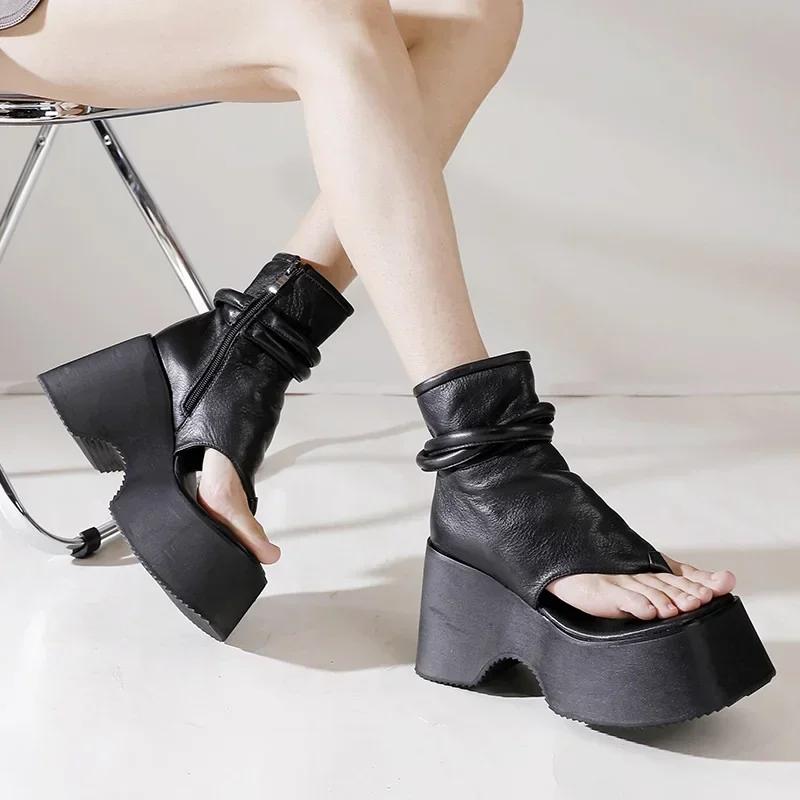 Summer New Slim Wedges Platform Flip Flops Sewing Cut Out Narrow Band Genuine Leather Women Ankle Short Gladiator Boots