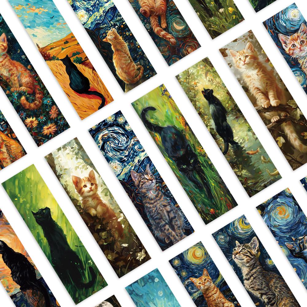 32pcs, Van Gogh series cat bookmarks, suitable for back-to-school season, Christmas, Halloween, teachers, readers, and birthdays