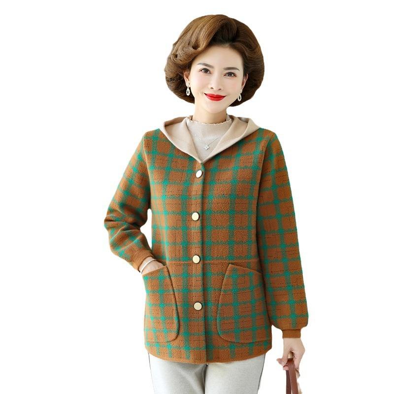 Mom's New Middle-aged and Elderly Outerwear Hooded Knitted Cardigan Long Sleeved Stylish Women's Autumn and Winter Outerwear Top