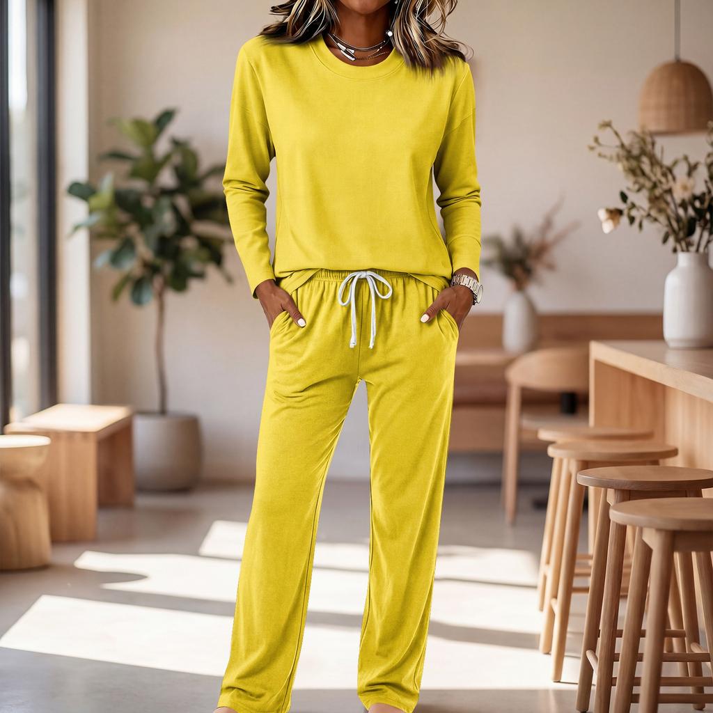 Women's Round Neck Long Sleeve Pajama Set with Drawstring Wide Leg Pants for Sleepwear Loungewear