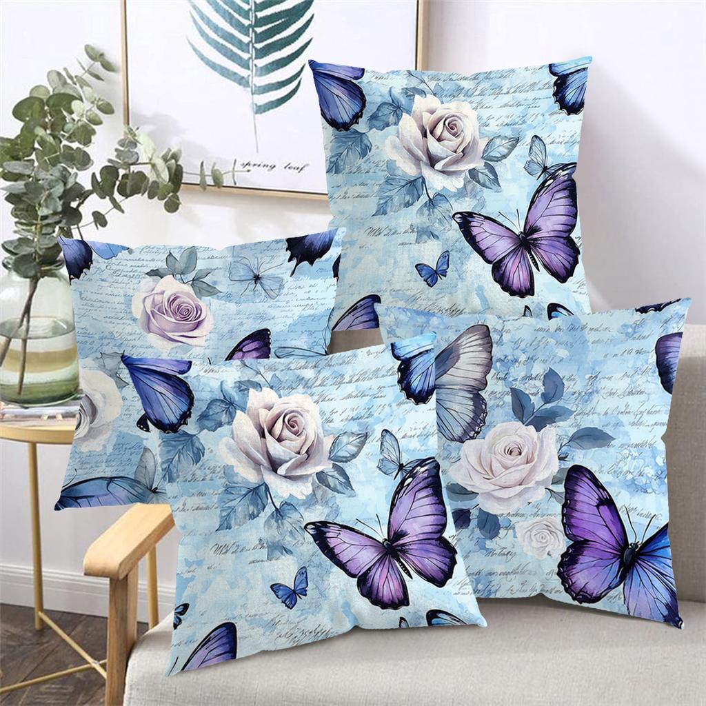 2D Flat Printing Blue Butterfly and Rose Pattern Decorative Cushions Polyester Pillowcase, Sofa Decorative Cushion Cov