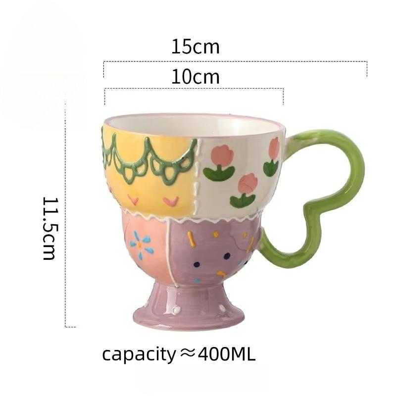 

Cute Ceramic Mug Hand Painted Relief Coffee Cup Elegant Chic Mug Milk Oatmeal Matcha Water Cup Kitchen Accessory Drinkware Gift 400ml