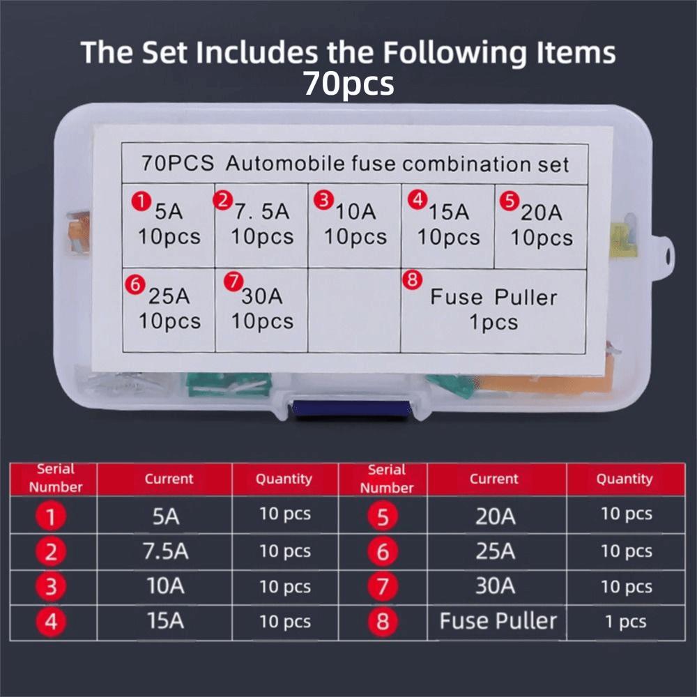 70/100PCS 5-30A Automobile Fuse Combination Set Multicolor Fuse Puller Car Fuse Kits Case Assorted Small Standard Fuse Set