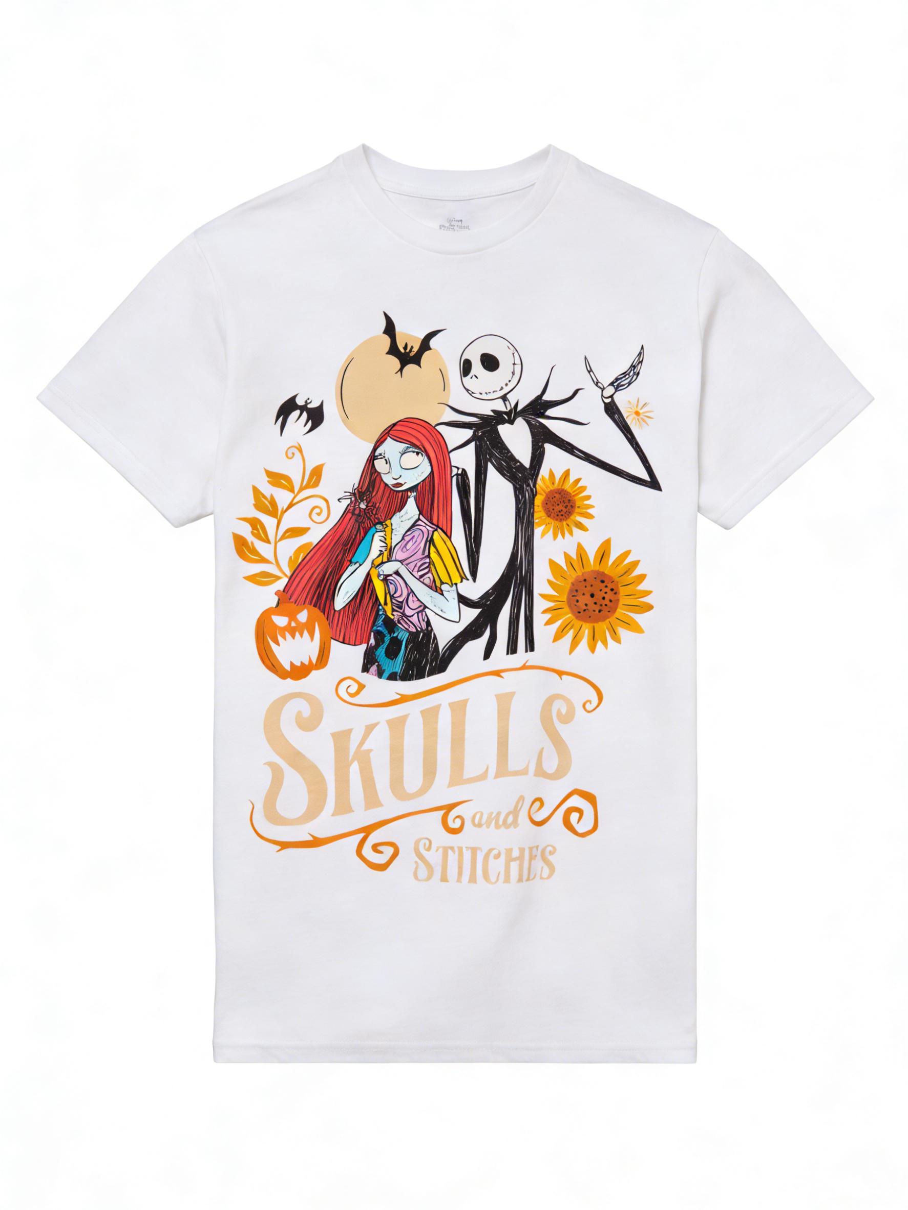 

s New Nightmare Before Christmas Skull Stitch Print Mineral Wash WoUnisex Short Sleeve Loose Casual TShirt S