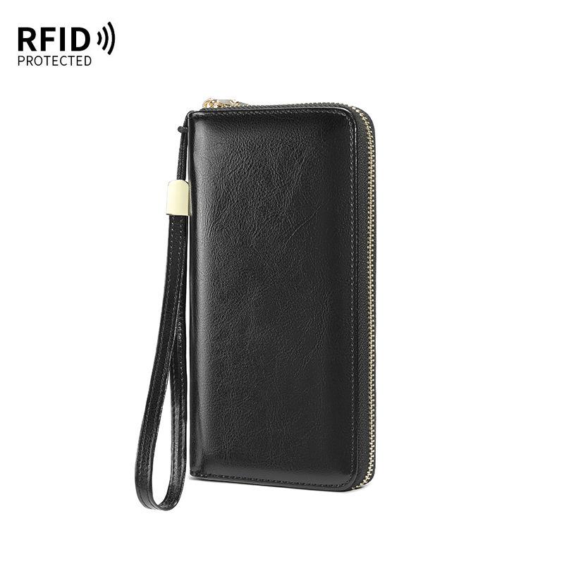 Women's Large Capacity Genuine Leather Wallet Clutch with Zipper Card Holder & Wrist Strap - Fashionable & Casual Style