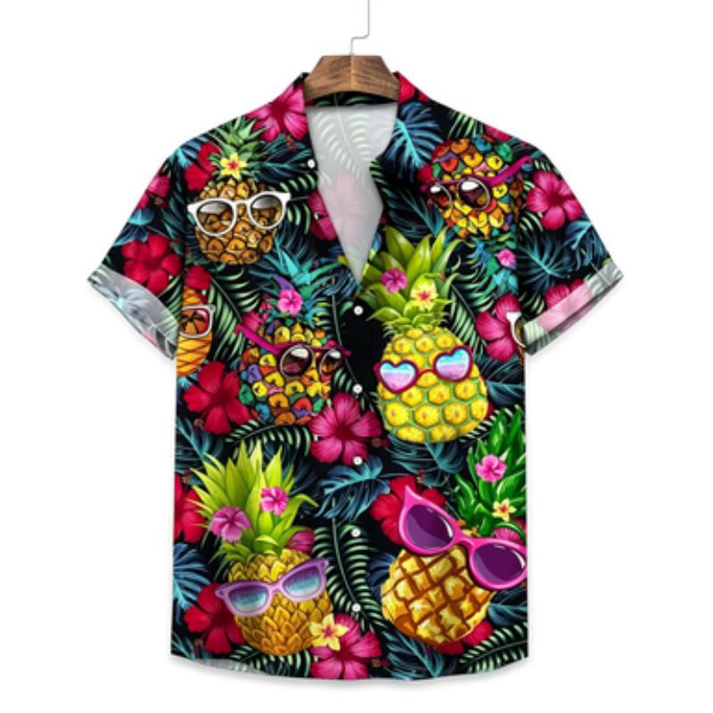 Men's short sleeved shirt with collar and short sleeved shirt, sunglasses, pineapple printed Hawaiian hibiscus flower