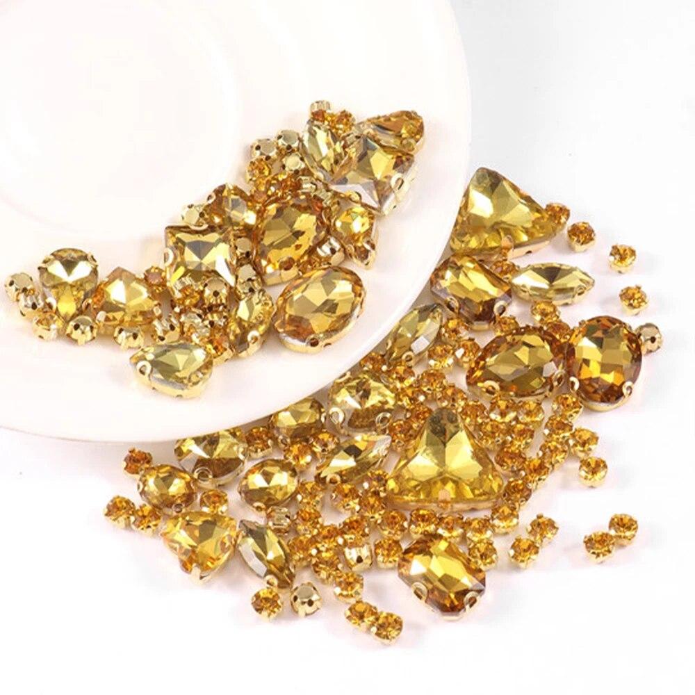 Sew On Rhinestones, Choupee 130PCS Sew On Glass Rhinestone Metal Back Prong Setting Sewing Claw Rhinestone Mixed Shapes