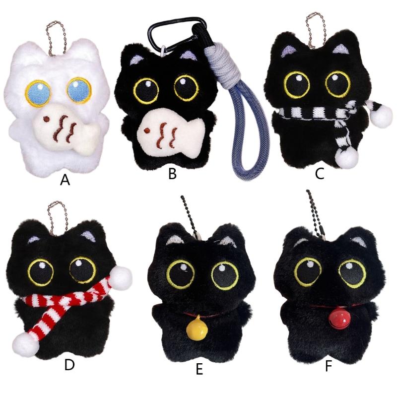 Adorable Plush Black Kitten Keychain With Bells And Fish Toy Christmas Tree Ornament Gift For Kids Birthday Decorations