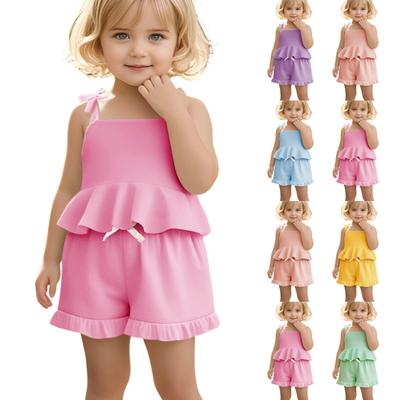 Girls' Sleeveless Set - Solid Color Strappy Top & Flounce Shorts
