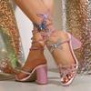 Fashion Crystal Butterfly Ankle Snake Twine Around Strap Sandals Women Wedding Party Prom Shoes Rhinestone High Heels Pink
