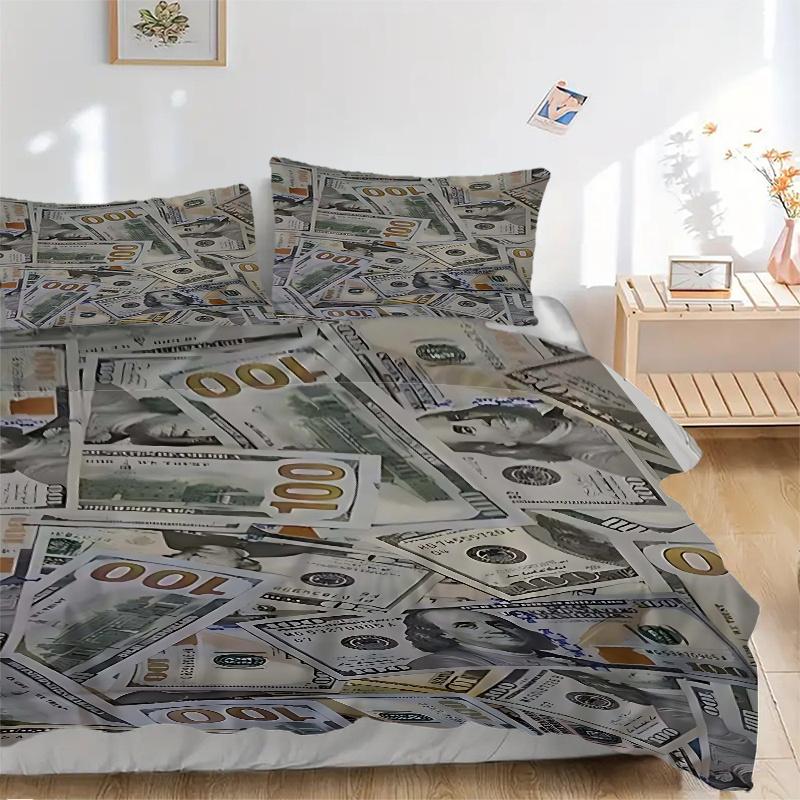3pcs 100 Dollar Bill Print Comforter Set with 1 Quilt Cover and 2 Pillowcases (No Core) - Home Decor, Holiday Gift, Polyester Fabric, Anime Cartoon De