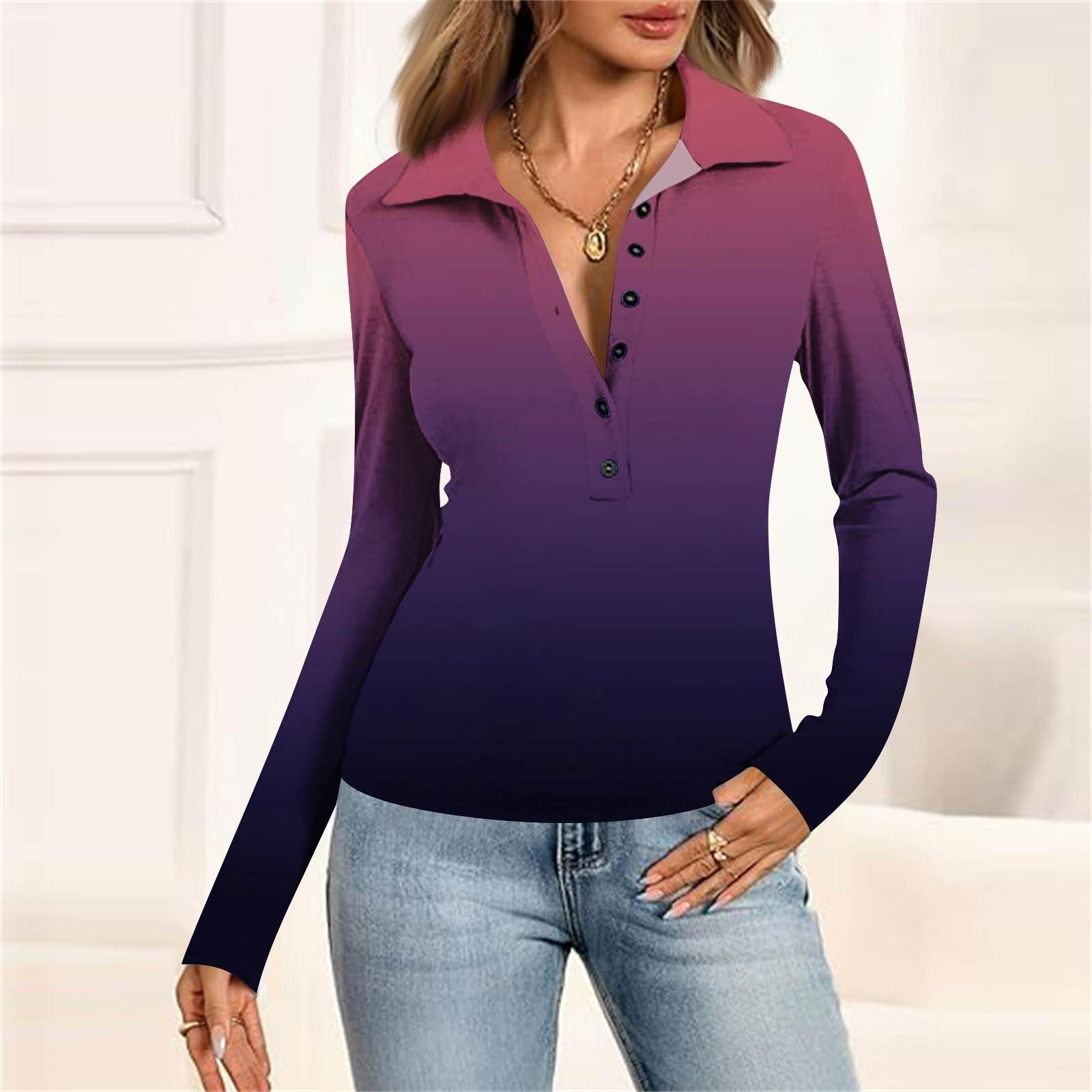 

Women s Fashion Casual Printed V-Neck Long Sleeve Button-Down Top L фіолетовий