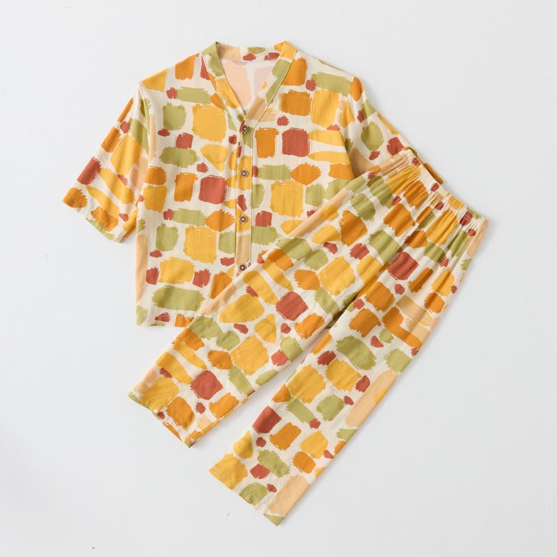 Children's Cotton Silk Pajama Set - Medium Sleeve, Long Pants, Cartoon Print, Thin, for Boys, Girls, and Babies.
