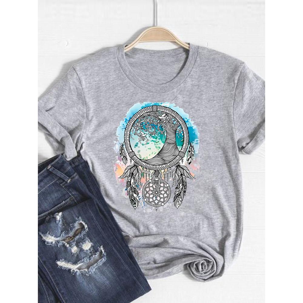 Print T Shirt Short Sleeve Flower Vintage Cute 90s Summer Top Fashion Clothes Women Clothing Gray Basic Tee Graphic T-shirt
