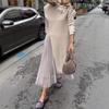 Europe and America Station New Autumn and Winter Crew Neck Knitted Dress Split Splicing Mesh Casual Ladies