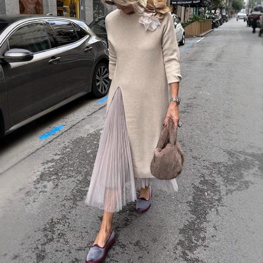 Europe and America Station New Autumn and Winter Crew Neck Knitted Dress Split Splicing Mesh Casual Ladies