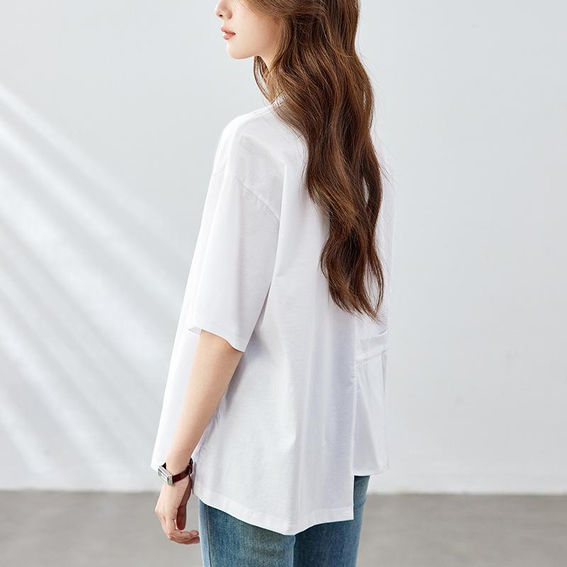 Round-neck White Shirt for Women Short-sleeved Summer New Irregular Design Top Pure Cotton Shirt