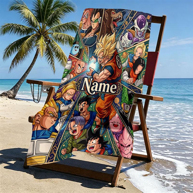Custom Name Personalized Dragon Ball Print Beach Towel, for Trip Camping Beach Party Home Decor, Birthday Gift for Family & Friends
