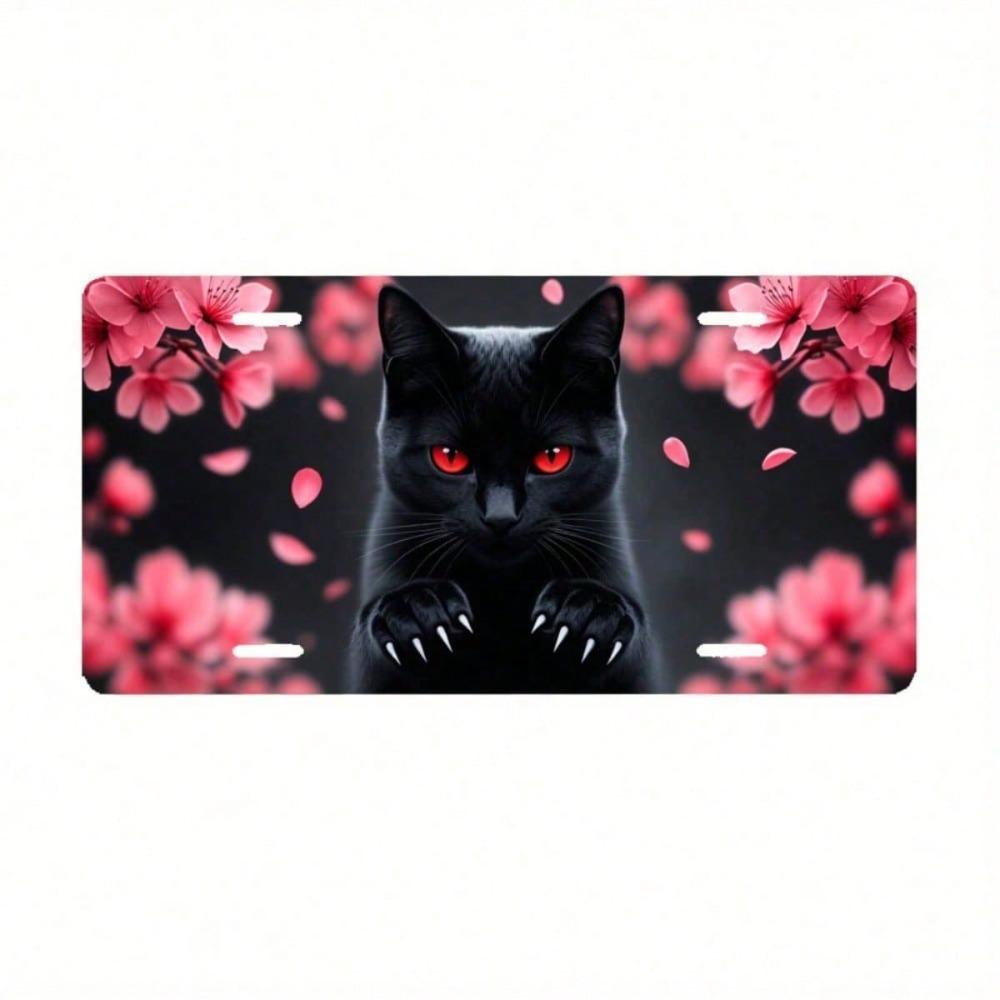 2D Flat Black Cat Red-Eyed Cherry Blossom License Plate Frame, Rustproof Aluminum Front Car Tag Cover, 5.9x11.8in