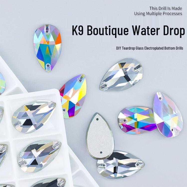 K9 Weichen Hand-Sewn Rhinestone Teardrop Flatback AB Gem, Two-Hole Irregular Colored for DIY.